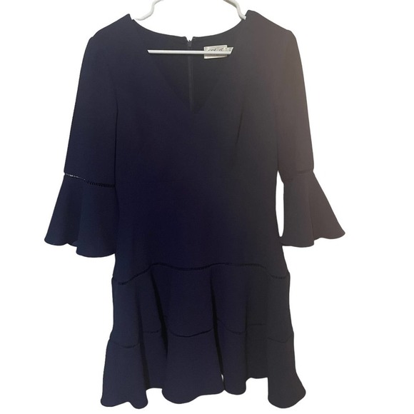 Eliza J 3/4 Bell Sleeve Fit & Flare Navy Dress w/Laddered Insets - Picture 3 of 13